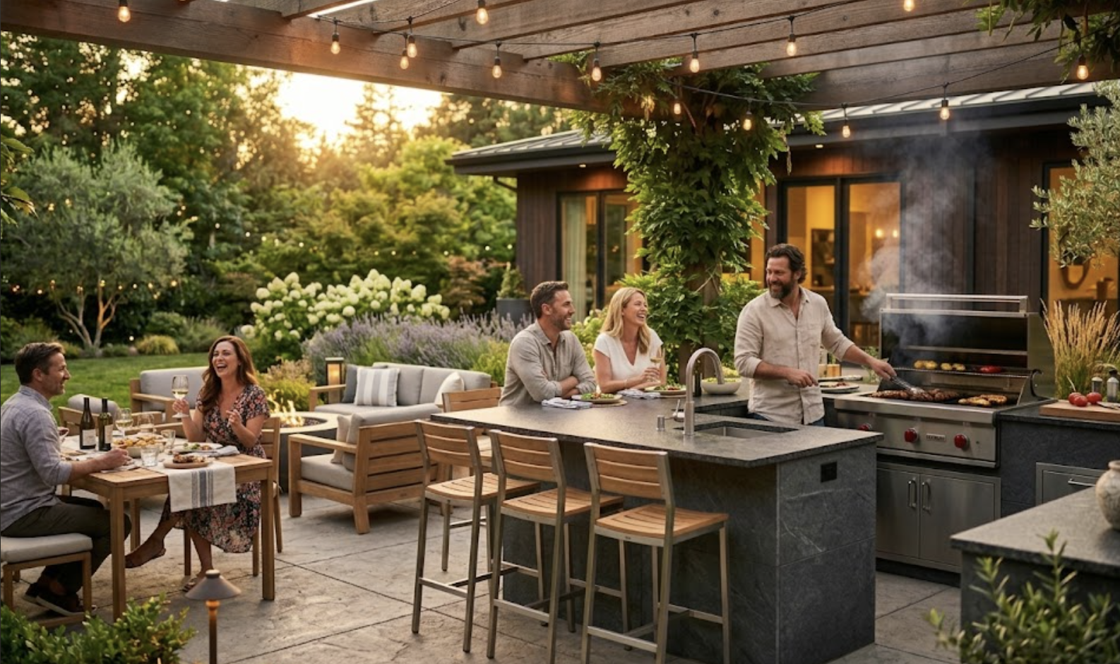 Luxury outdoor living space with pergola and outdoor kitchen